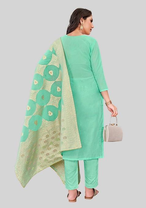 Sea Green Woven Chanderi Kurta Set
