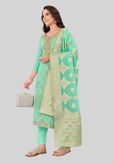 Sea Green Woven Chanderi Kurta Set