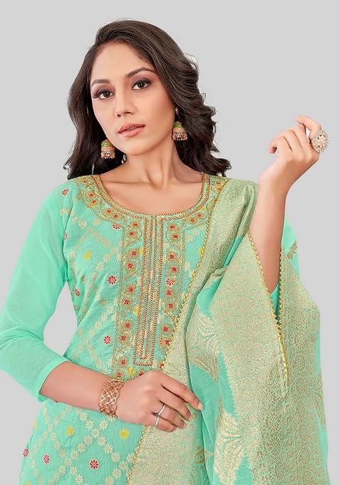 Sea Green Woven Chanderi Kurta Set