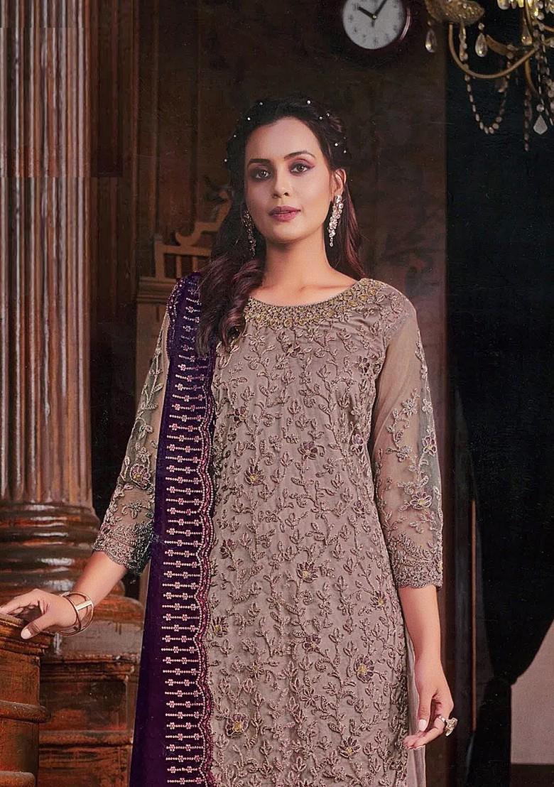 Blue Embroidered Net Kurta Set - Indya