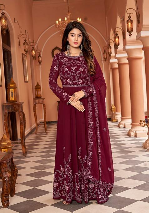 Maroon Embroidered Georgette Kurta Set