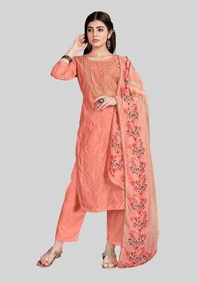 Pink Embroidered Chanderi Silk Kurta Set