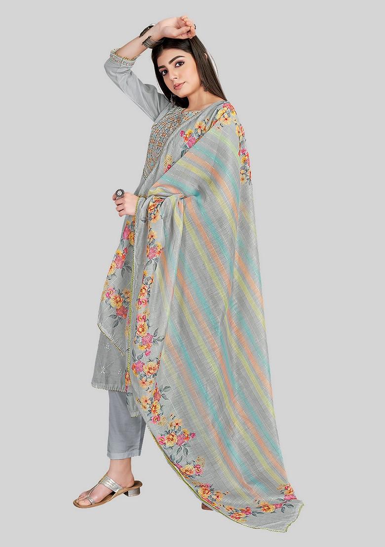 Grey Embroidered Chanderi Silk Kurta Set