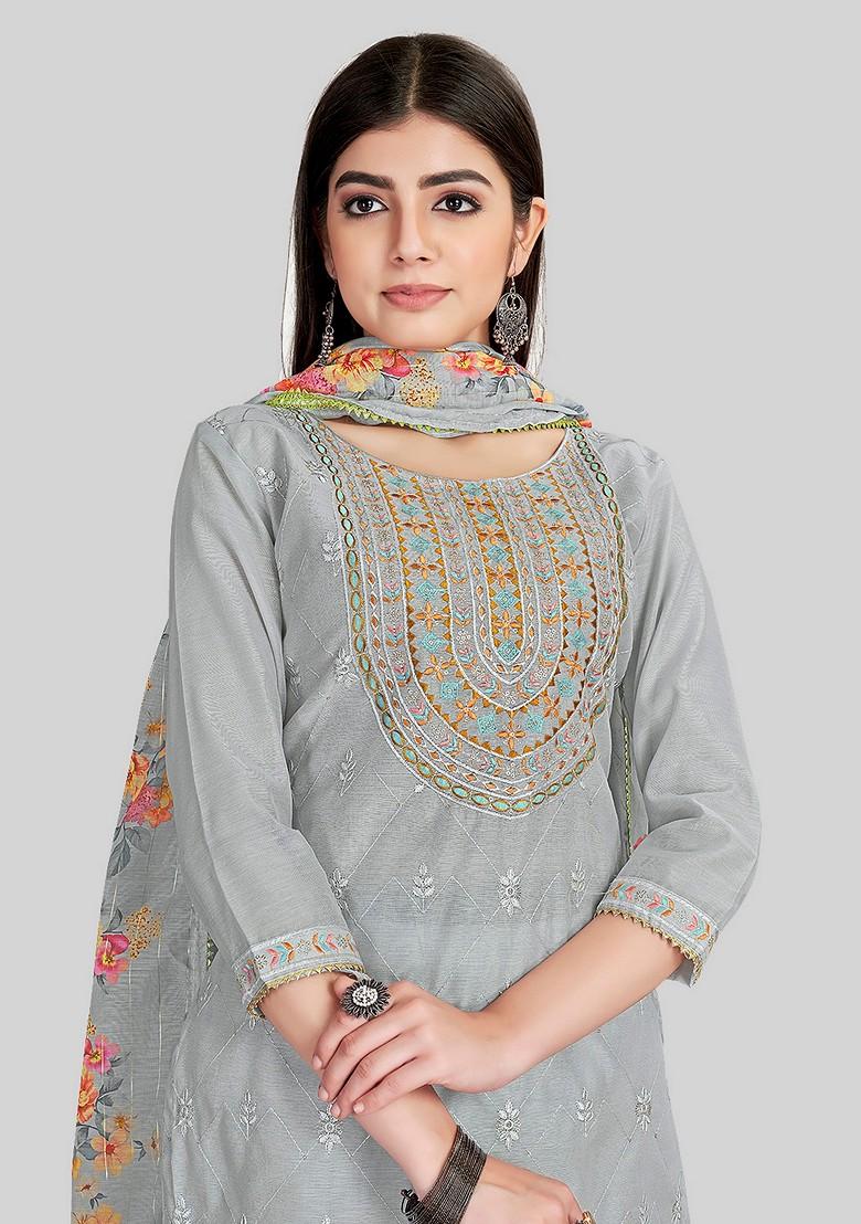 Grey Embroidered Chanderi Silk Kurta Set