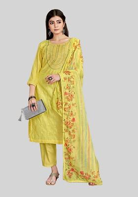 Yellow Embroidered Chanderi Silk Kurta Set