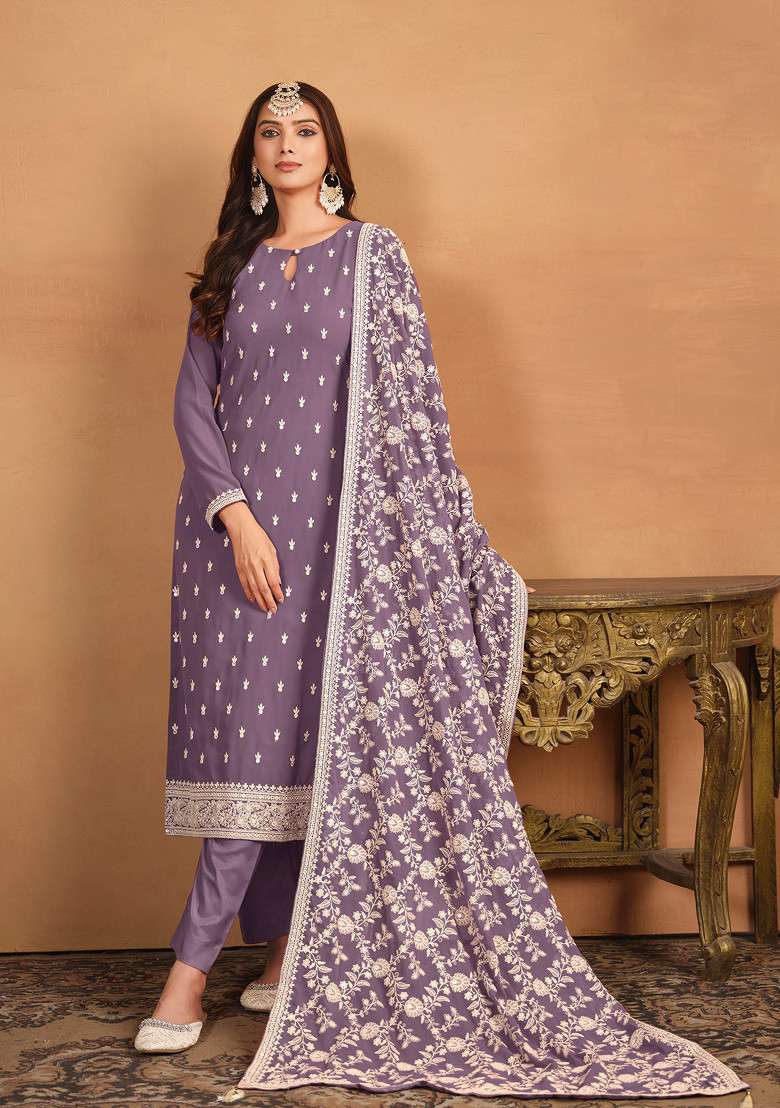 Violet Embroidered Georgette Pakistani Suit Set - Indya
