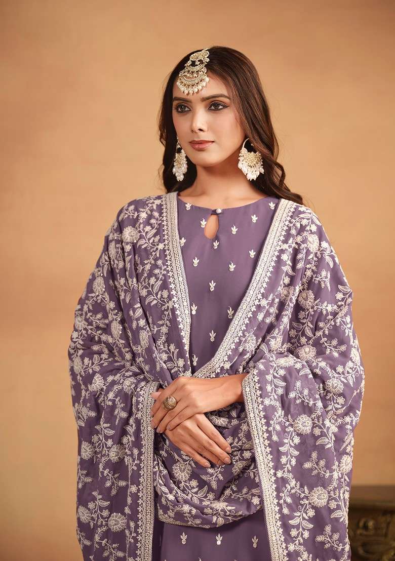 Violet Embroidered Georgette Pakistani Suit Set - Indya