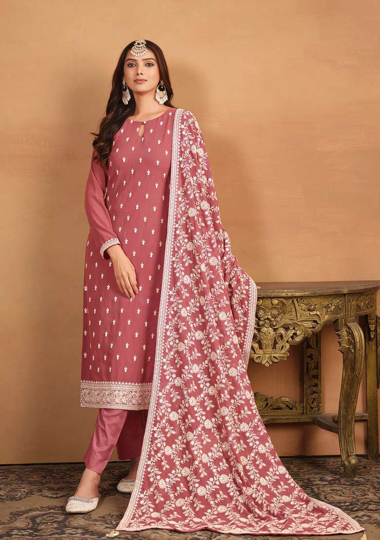 Salmon Pink Embroidered Georgette Pakistani Suit Set - Indya