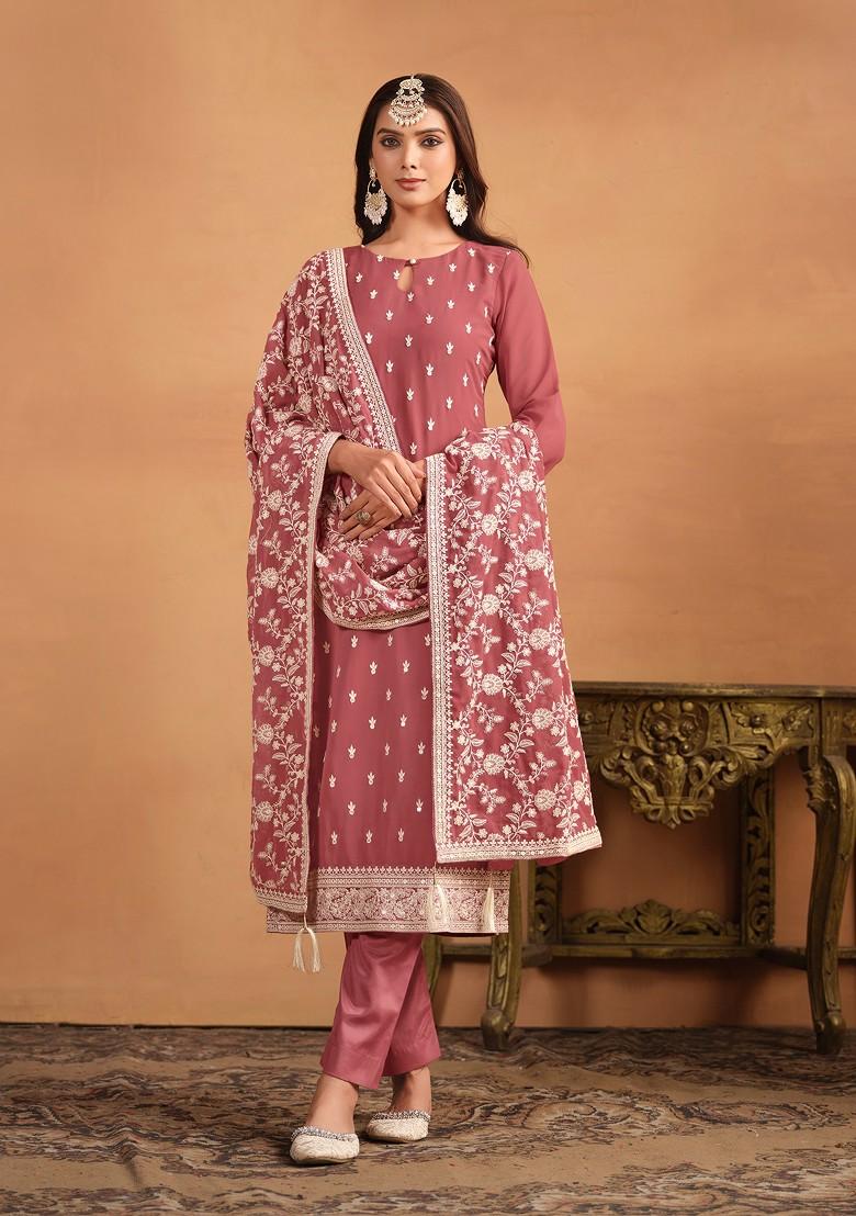 Salmon Pink Embroidered Georgette Kurta Set