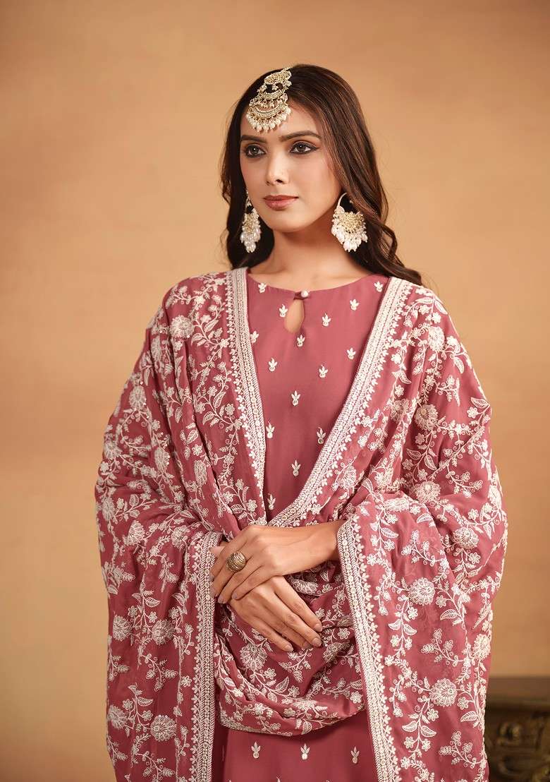 Salmon Pink Embroidered Georgette Pakistani Suit Set - Indya