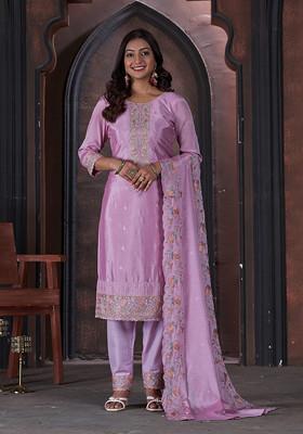 Pink Embroidered Viscose Kurta Set