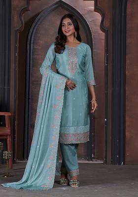 Sea Green Embroidered Viscose Kurta Set