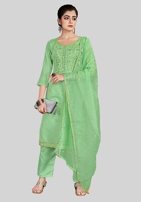 Green Embroidered Chanderi Silk Kurta Set