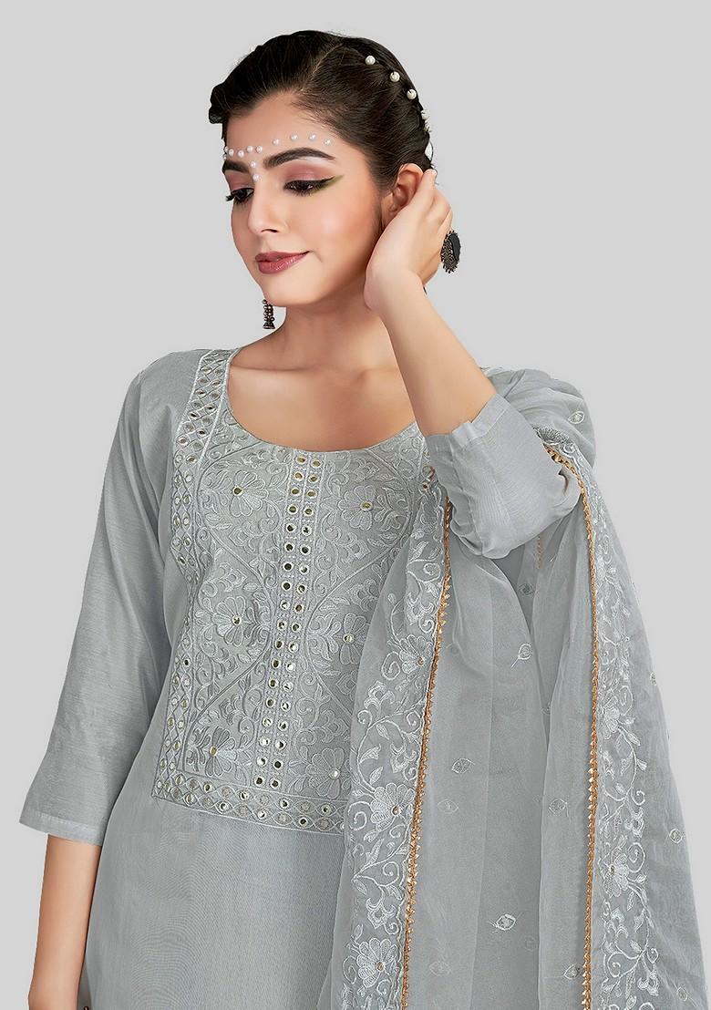 Grey Embroidered Chanderi Silk Kurta Set - Indya