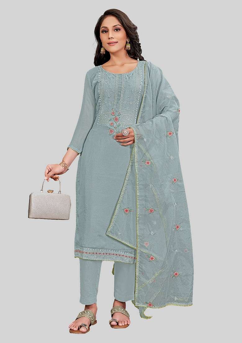 Grey Embroidered Silk Kurta Set - Indya