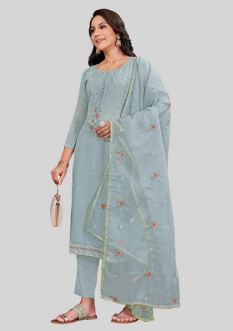 Grey Embroidered Silk Kurta Set - Indya