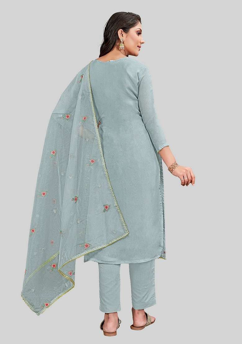 Grey Embroidered Silk Kurta Set - Indya