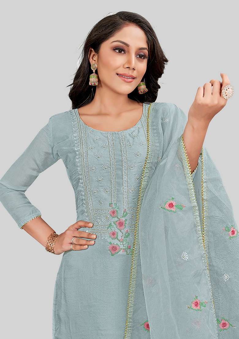 Grey Embroidered Silk Kurta Set - Indya