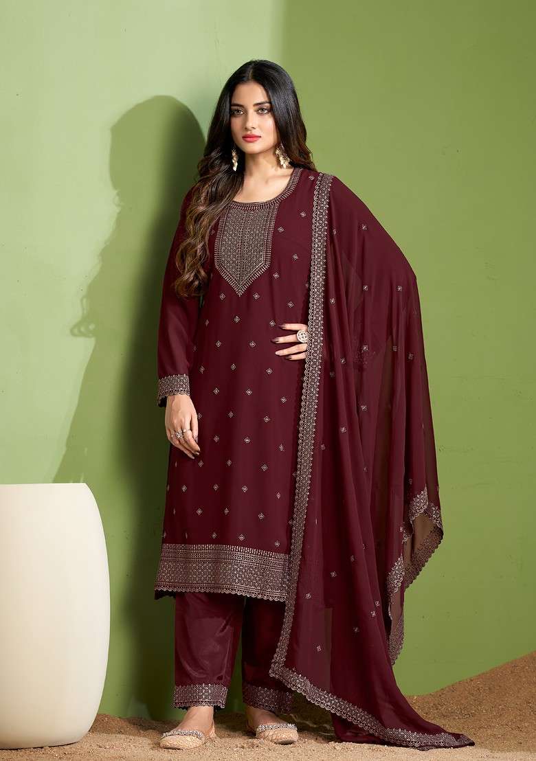 Maroon Embroidered Georgette Kurta Set - Indya
