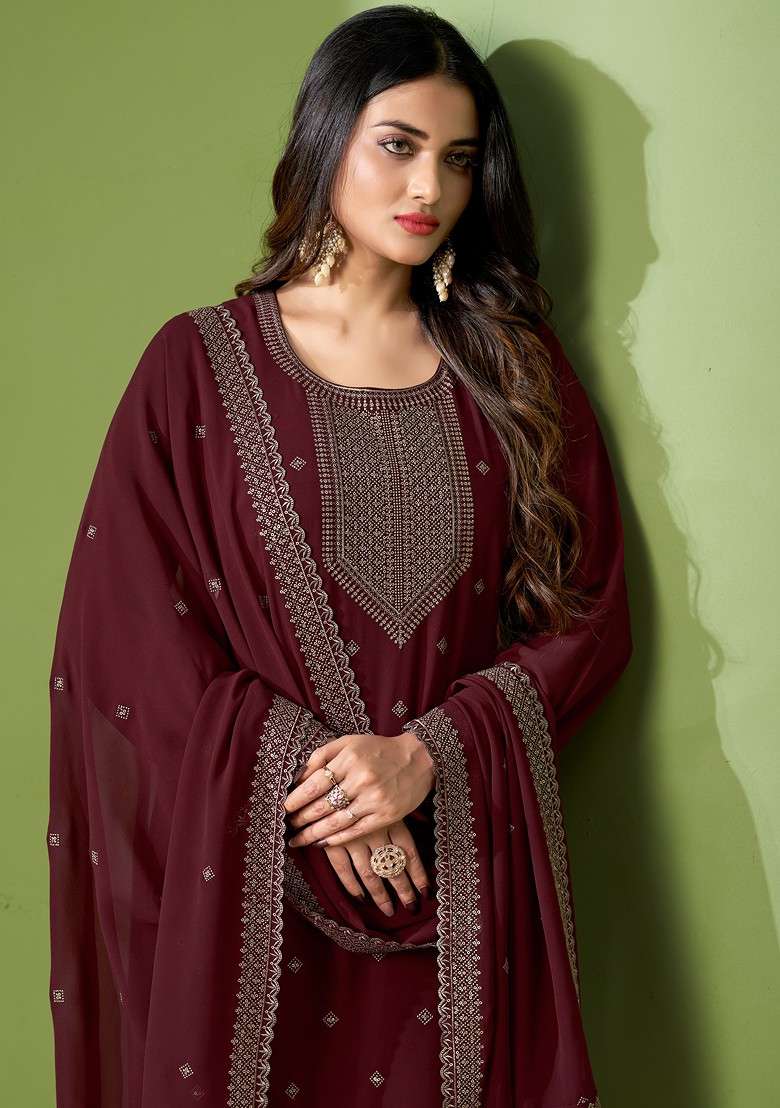 Maroon Embroidered Georgette Kurta Set - Indya