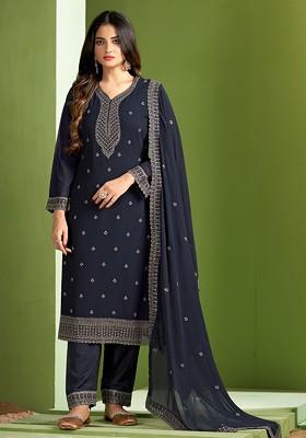 Grey Embroidered Georgette Kurta Set