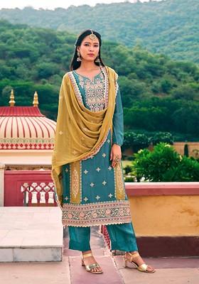 Sky Blue Embroidered Silk Kurta Set