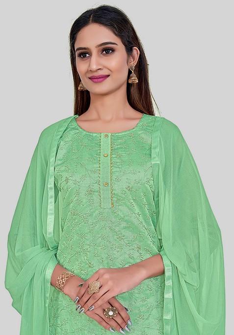 Green Embroidered Chanderi Silk Kurta Set
