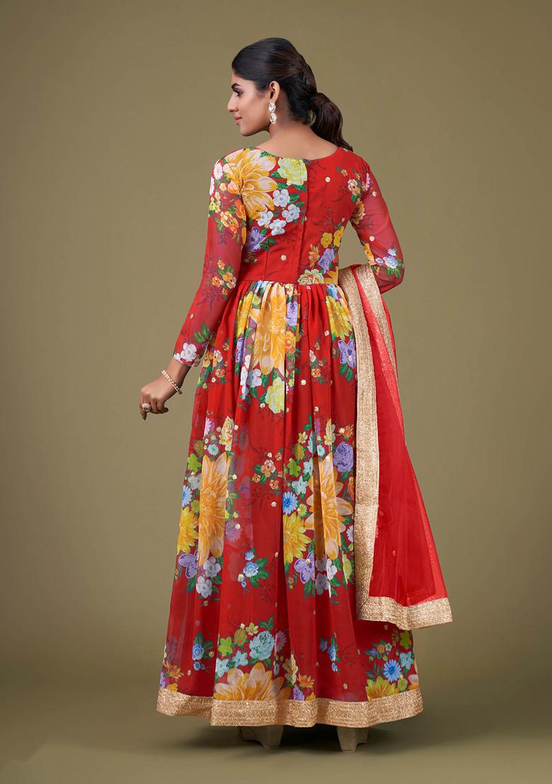 Red Embroidered Georgette Kurta Set