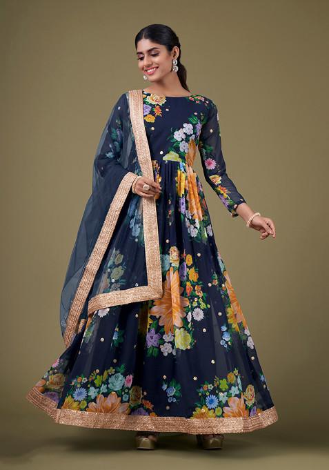 Blue Embroidered Georgette Kurta Set