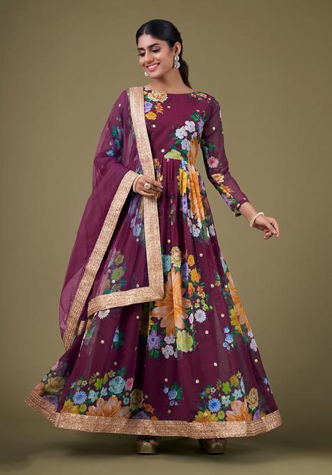 Wine Embroidered Georgette Kurta Set