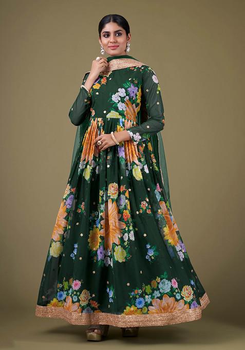 Green Embroidered Georgette Kurta Set