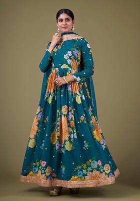 Teal Blue Embroidered Georgette Kurta Set