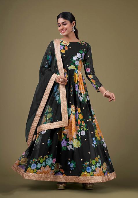 Black Embroidered Georgette Kurta Set