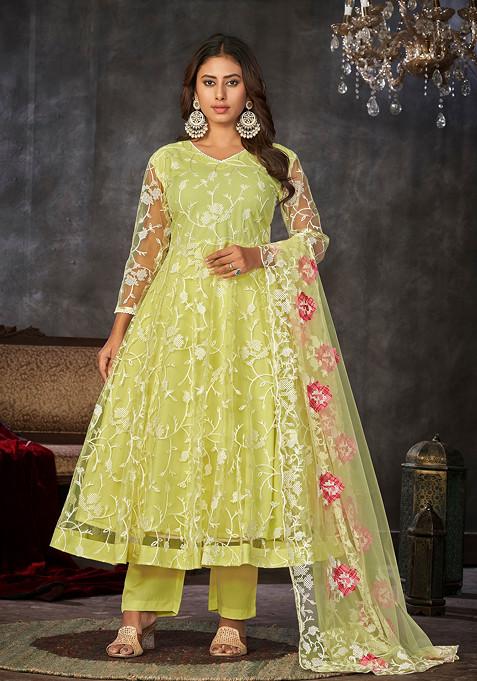 Light Yellow Embroidered Net Kurta Set