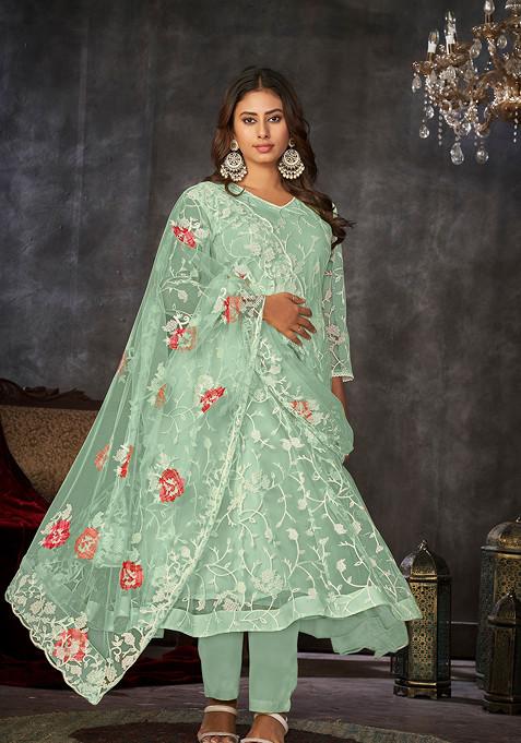 Green Embroidered Net Kurta Set