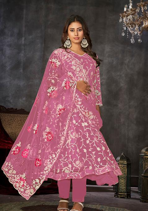 Pink Embroidered Net Kurta Set