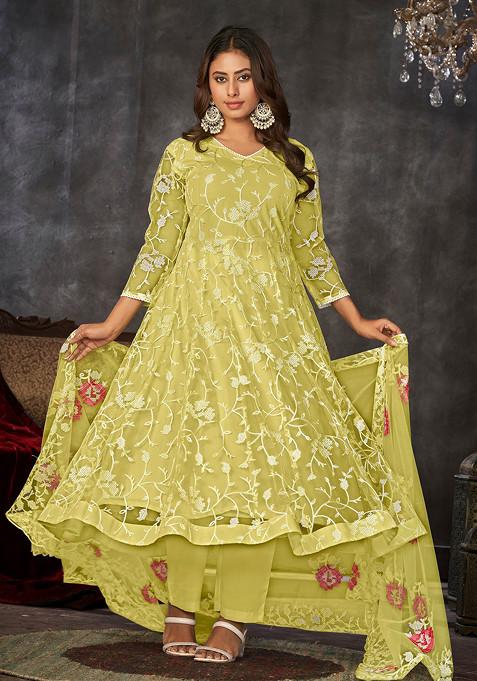 Yellow Embroidered Net Kurta Set