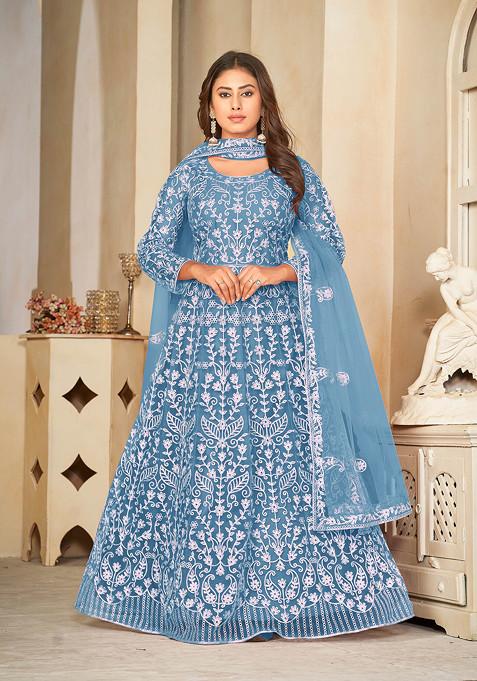 Sky Blue Embroidered Net Kurta Set