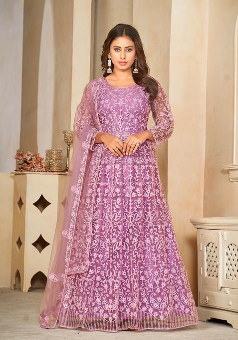 Purple Embroidered Net Kurta Set