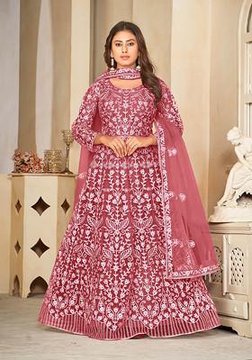 Red Embroidered Net Kurta Set