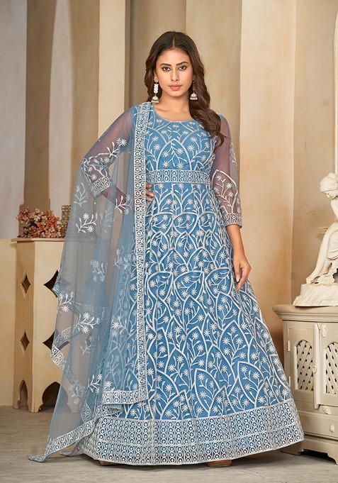 Sky Blue Embroidered Net Kurta Set