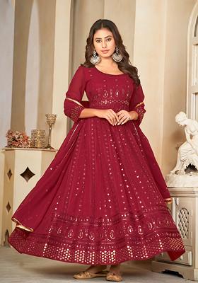 Maroon Embroidered Georgette Kurta Set