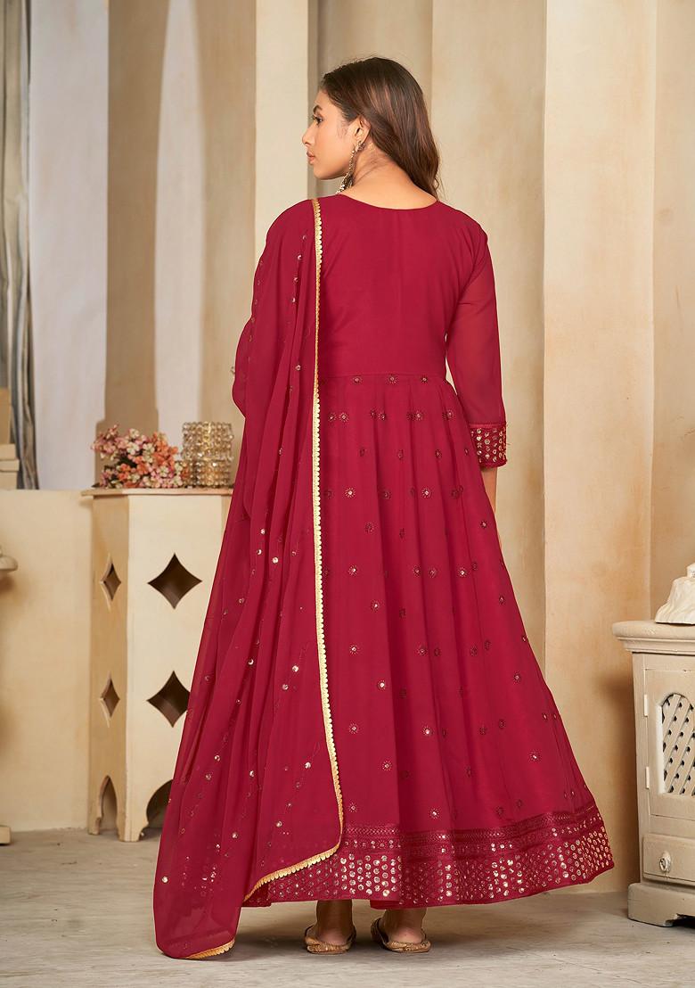 Maroon Embroidered Georgette Kurta Set