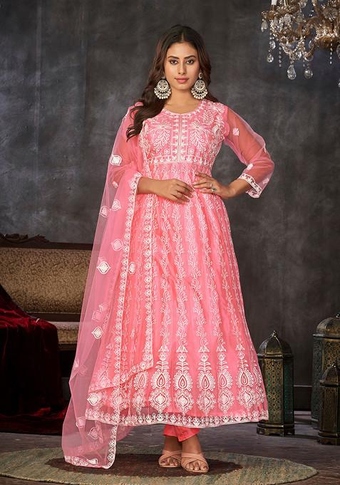 Peach Embroidered Net Kurta Set