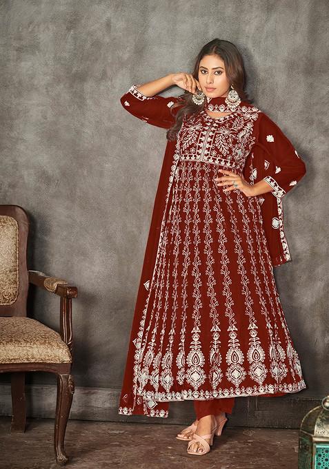 Maroon Embroidered Net Kurta Set