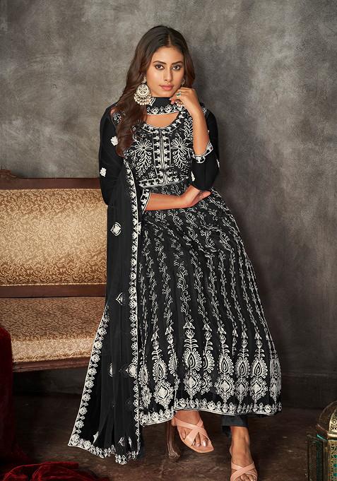 Black Embroidered Net Kurta Set
