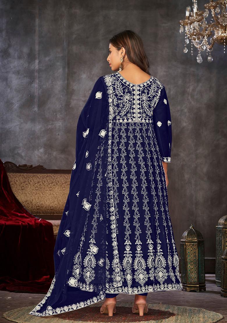 Blue Embroidered Net Kurta Set - Indya