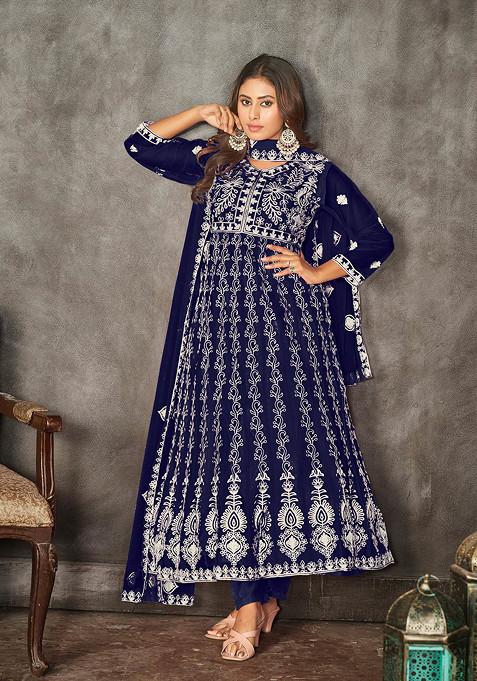 Blue Embroidered Net Kurta Set