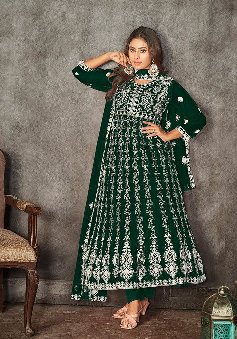 Green Embroidered Net Kurta Set