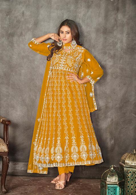 Mustard Embroidered Net Kurta Set